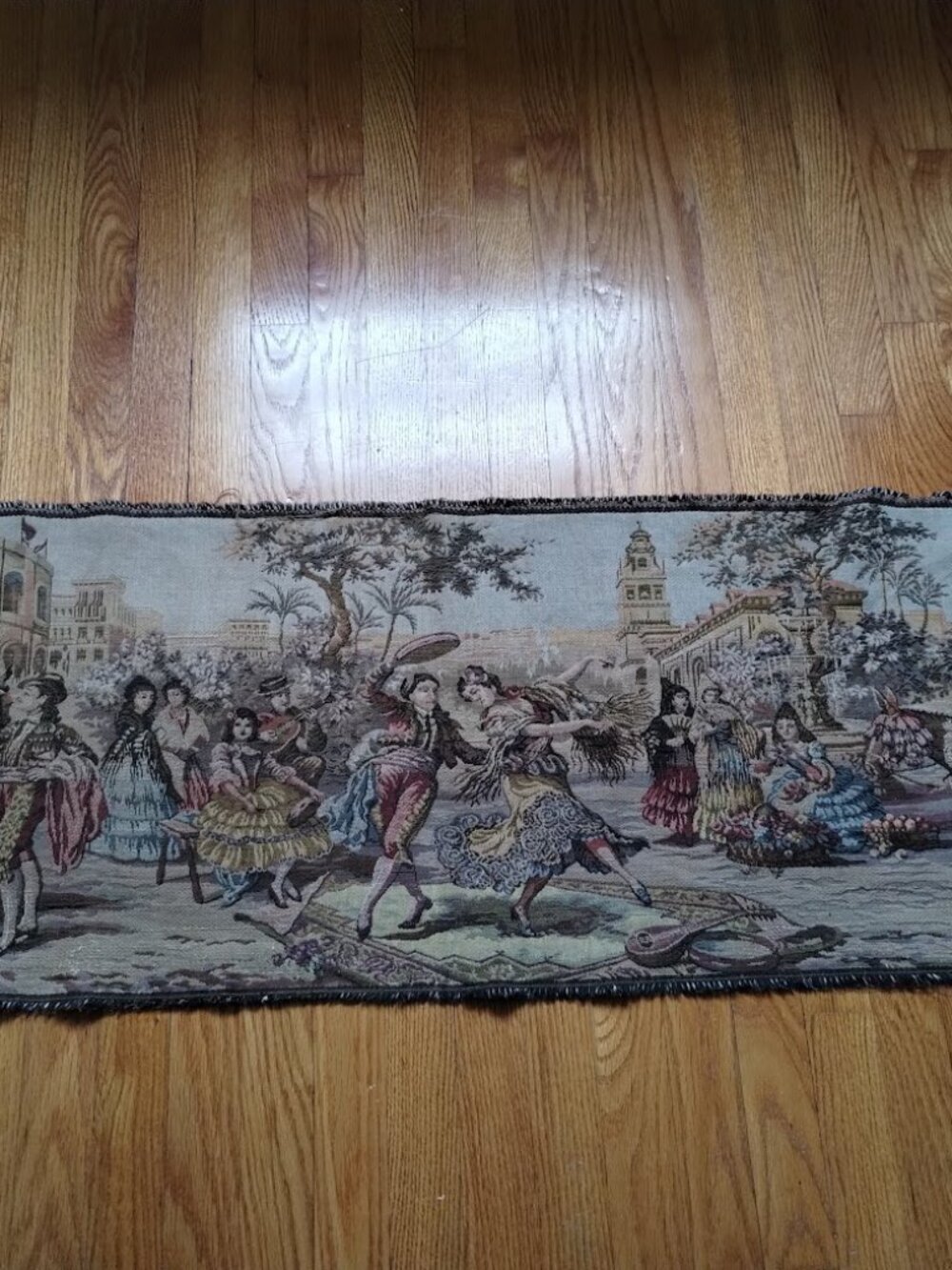 VTG Italian Wall Hanging Wide Tapestry Depicting Town Square Socializing & Party
